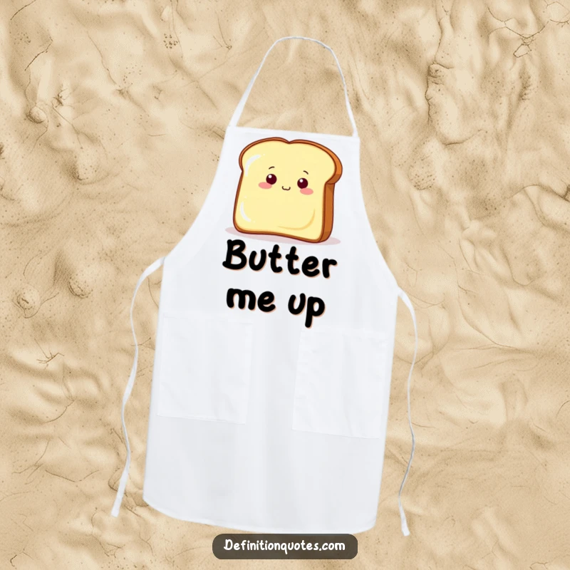 Funny toast character peeking from behind a giant butter pat on an apron, bringing humor to kitchen activities.