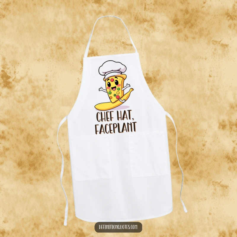 Funny apron showing a pizza slice chef character slipping on a banana peel while cooking, a hilarious kitchen accessory.