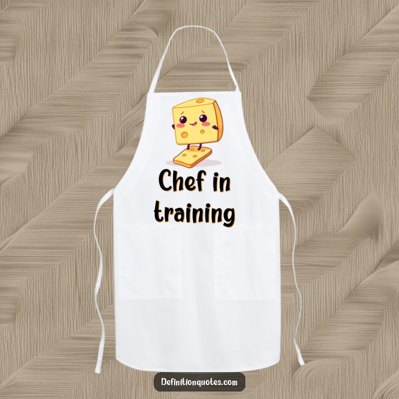 Funny apron featuring a giggling cheese wedge attempting to balance on a wobbly cracker, a humorous kitchen accessory for food enthusiasts.