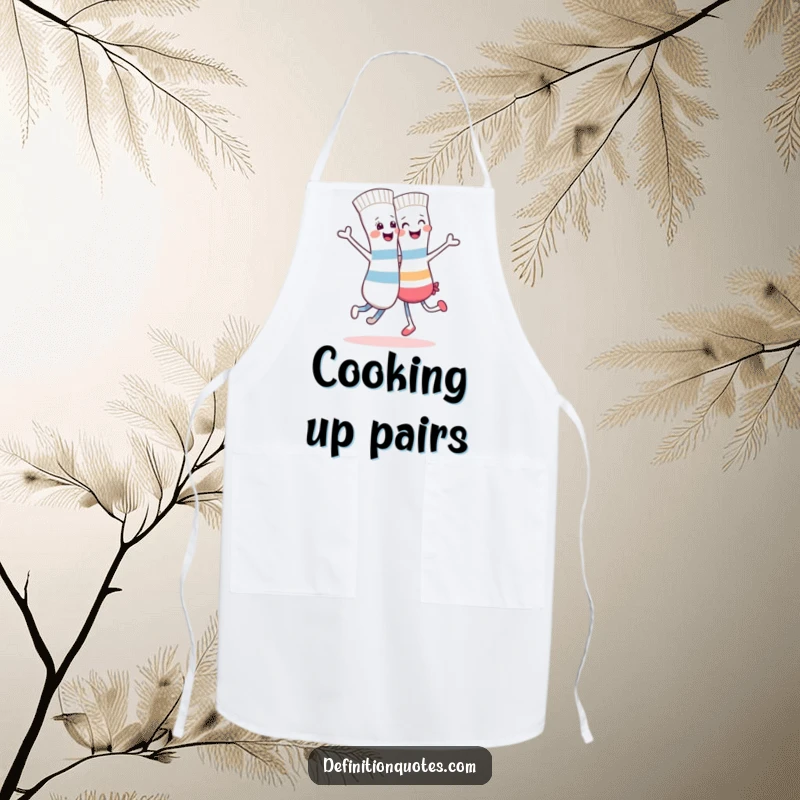 Funny kitchen apron showing a happy sock dancing with its unique, mismatched sock friend.