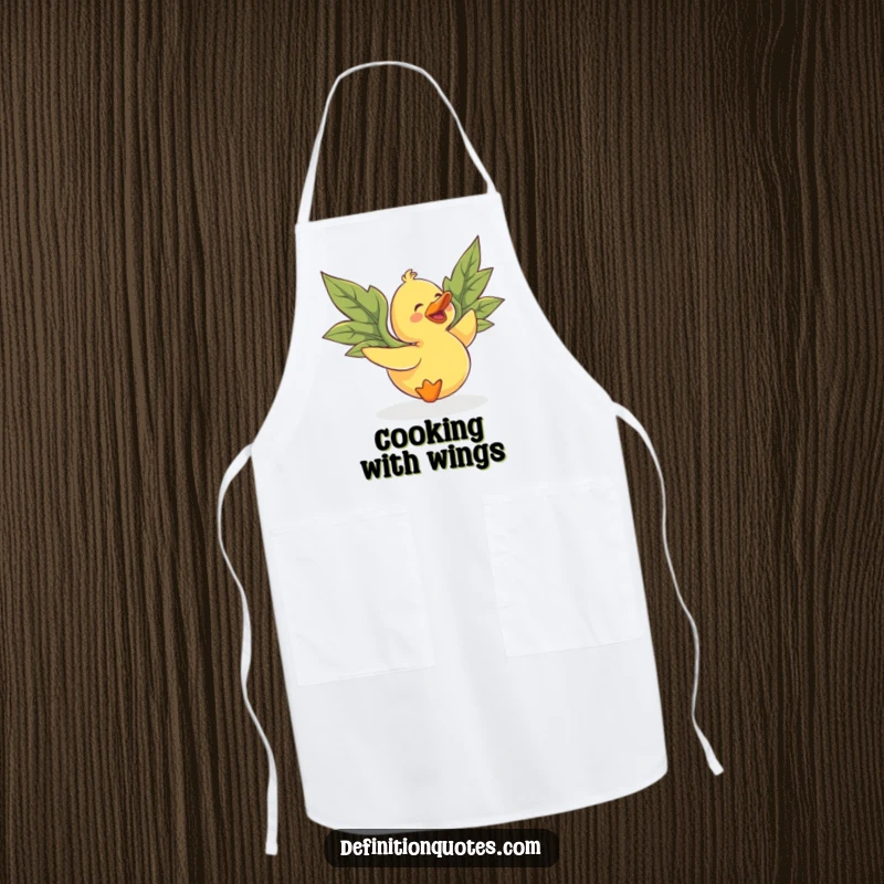 Funny rubber duck with leaf wings, attempting flight, featured on a kitchen apron for a humorous touch.