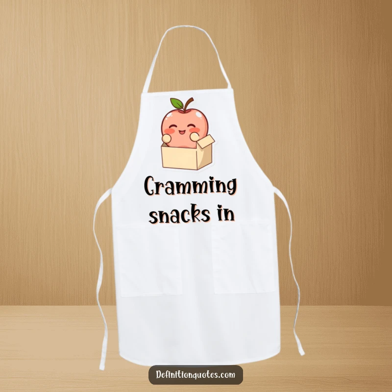 Funny, blushing apple character comically trying to fit, on a practical apron, an excellent funny gift.