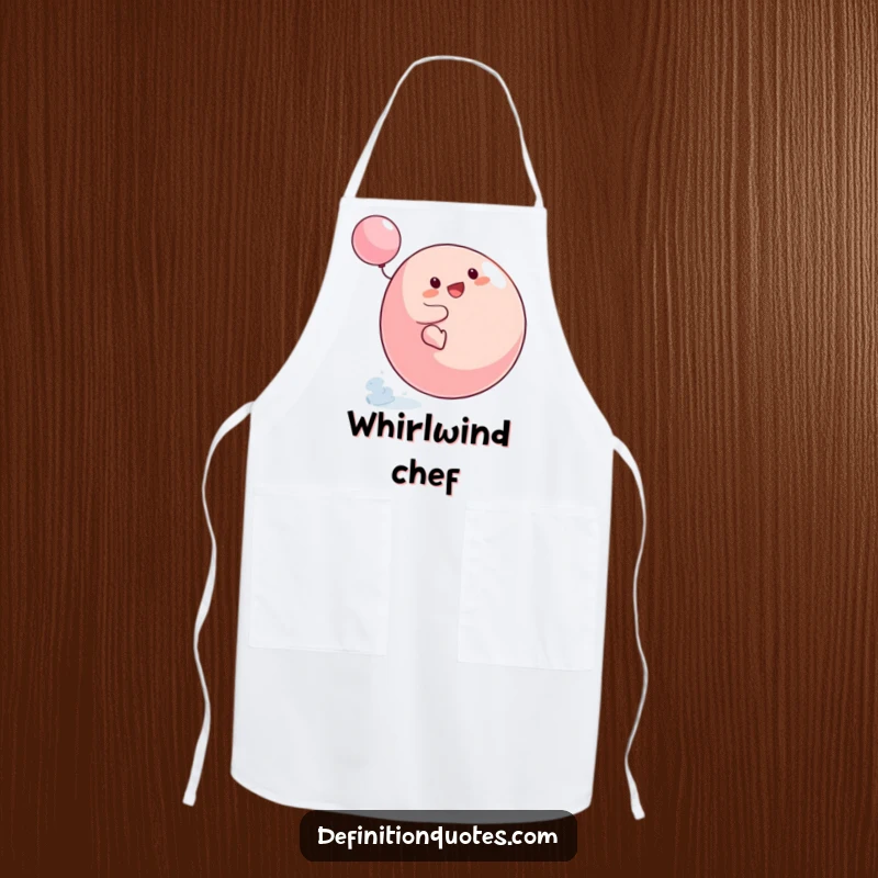 Funny Small Blob Chef Apron comically attempting to ride a spinning top, ideal for kitchen fun and protecting clothes.