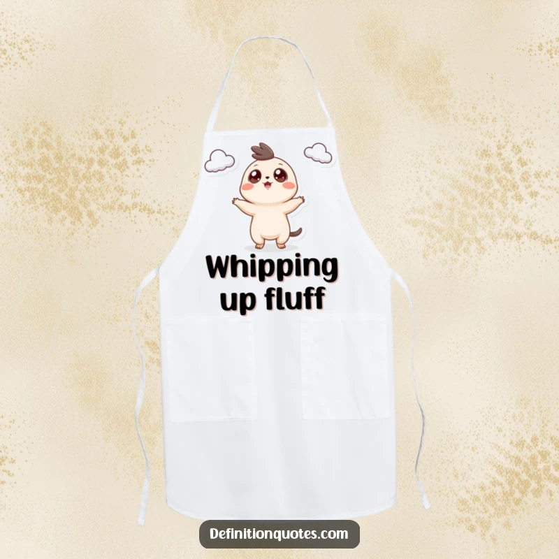 Funny Apron: A tiny creature with googly eyes excitedly juggling three small clouds, adding humor to the kitchen.