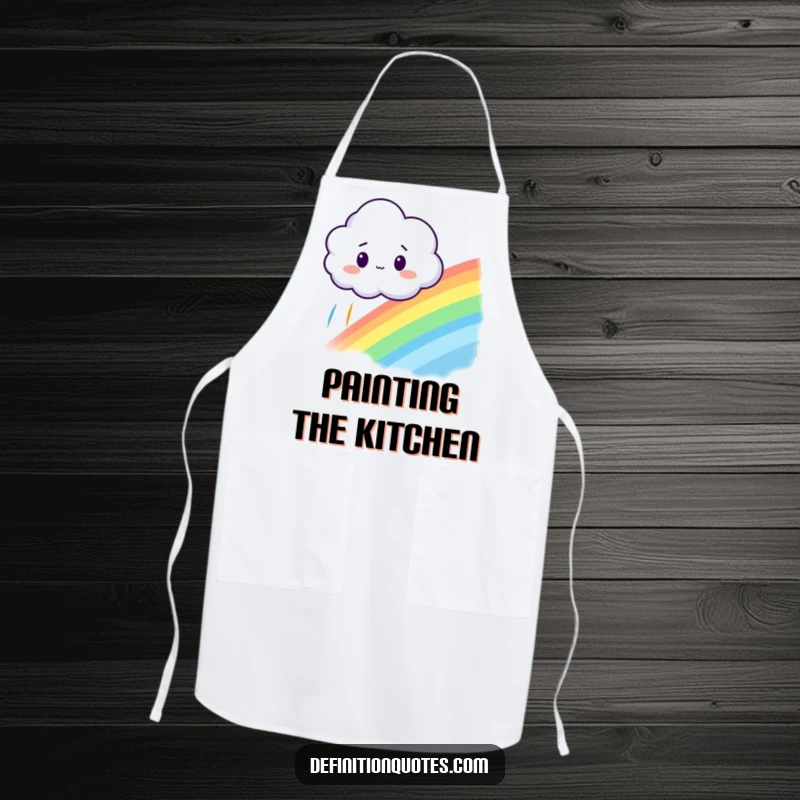 Funny apron featuring a surprised little cloud looking at a rainbow it accidentally created, perfect for magical cooking.