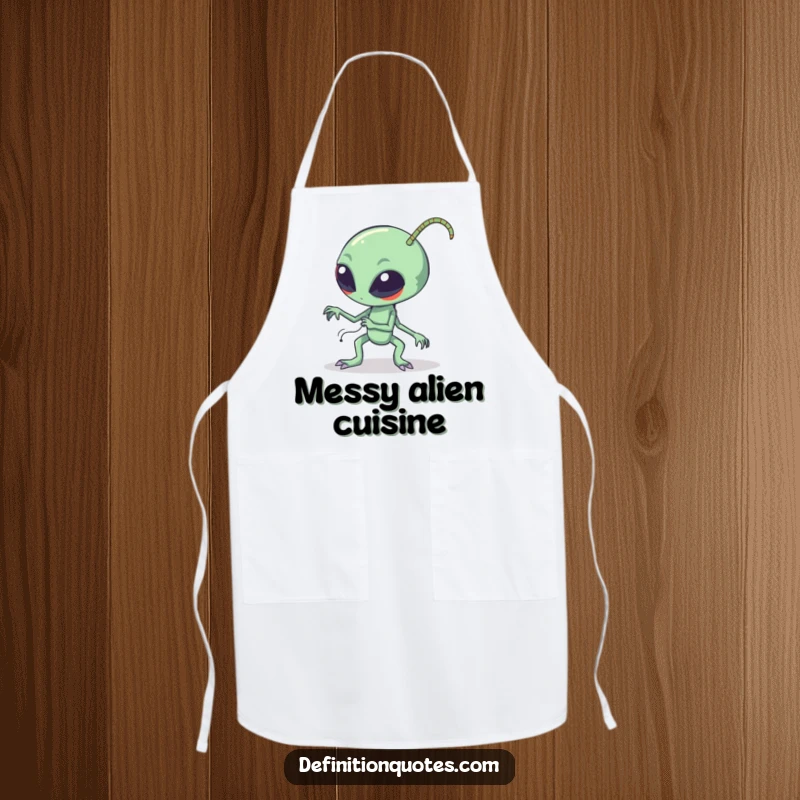 Funny clumsy alien tripping over its long bendy antennae while cooking on an apron, perfect for a humorous kitchen statement.