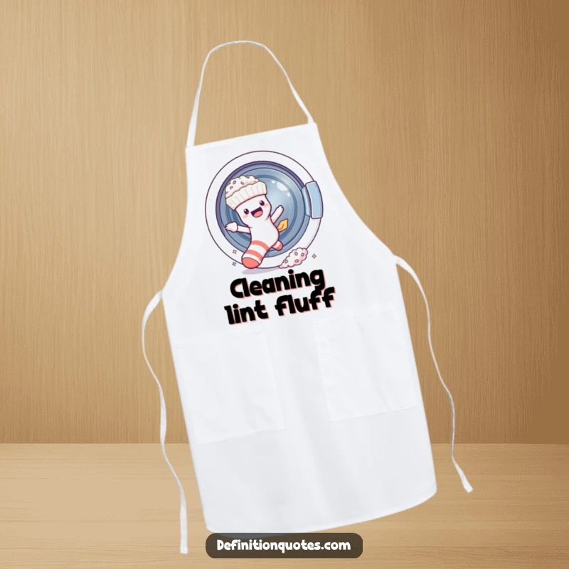 Funny sock character escaping a washing machine, leaving fluff, featured on a kitchen apron for humor.