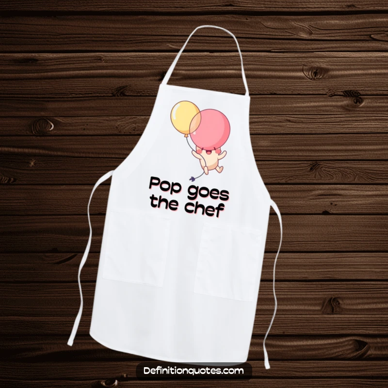 Funny Kawaii balloon character comically popping itself while trying to fly, featured on a practical and humorous kitchen apron.