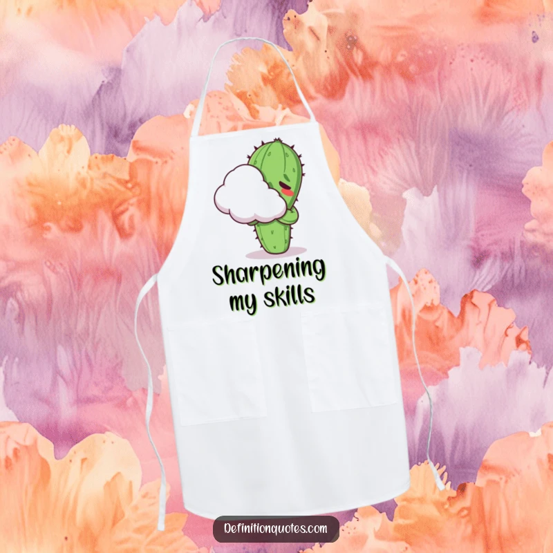 Funny Kawaii cactus character, looking uncomfortable while hugging a cloud, on a practical and humorous apron.