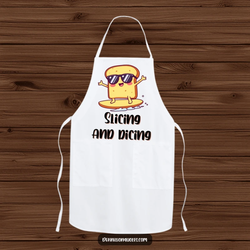 Funny Kawaii toast character with sunglasses surfing a giant crumb, featured on a practical apron, making cooking a hilarious experience.