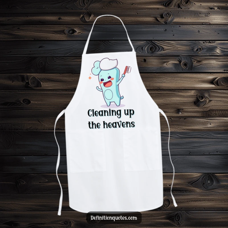 Funny Kawaii toothbrush character in a comical brushing action on a cloud, worn as a humorous apron while cooking or baking.