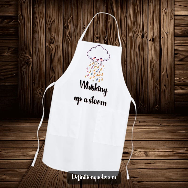 Funny apron depicting a cheerful rain cloud character spilling musical notes, a humorous and musical accessory for cooking.