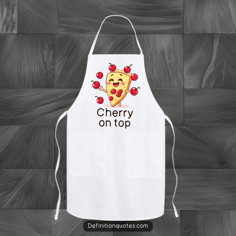 Funny slice of pie character laughing and juggling cherries on an apron, bringing humor to baking and cooking.