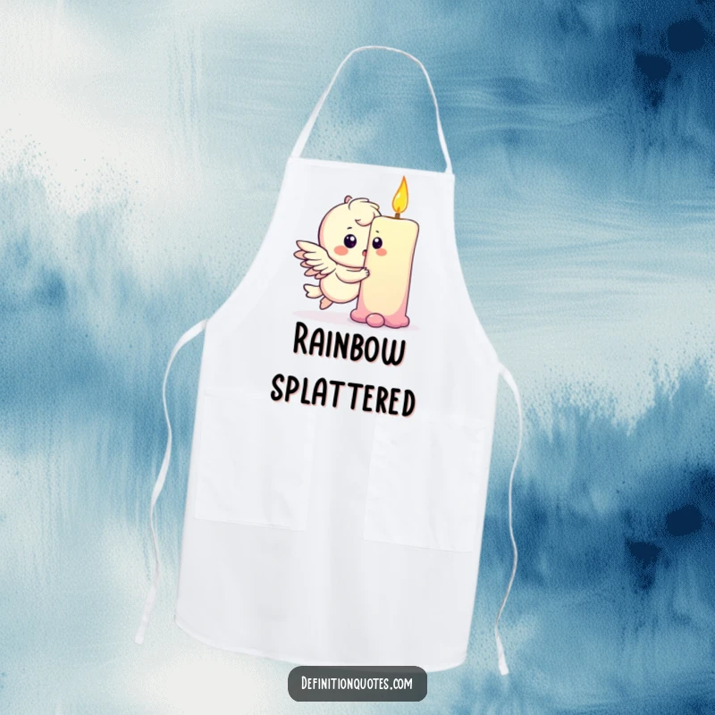 Funny kitchen apron depicting a playful winged character bumping into a rainbow, bringing magical humor to cooking.