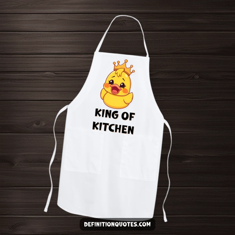Funny Rubber Ducky Crown Apron: Kitchen apron with a rubber ducky wearing a crown, its face showing shocked elation, a funny and practical accessory.