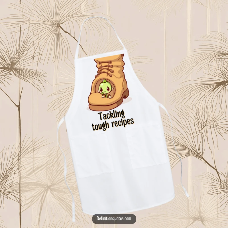 Funny apron depicting a determined sprout character pushing an oversized acorn uphill, a humorous accessory for kitchen endeavors.