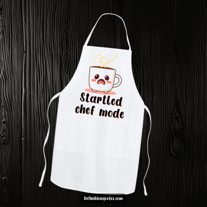 Funny Startled Coffee Mug Apron: A startled coffee mug character with comical steam face, ideal for cooking fun.