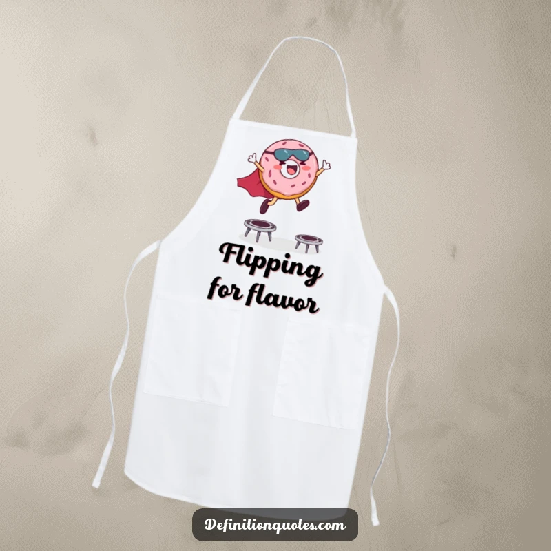 Funny apron illustration of a giggling donut superhero in a cape leaping over miniature trampolines, perfect for kitchen fun.