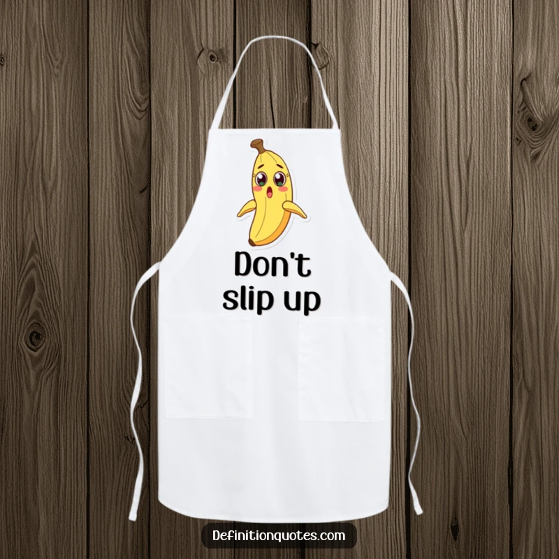 Funny cooking apron featuring a shocked banana character, watching its own peel slide comically.