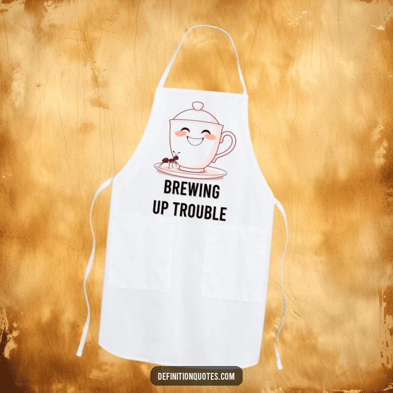 Funny, grinning oversized teacup character being filled by a tiny ant, on a practical apron, an excellent funny gift.