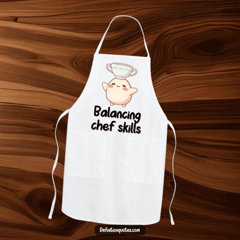 Funny Apron: A small, determined blob character balancing a teacup on its head while cooking, adding humor to the kitchen.