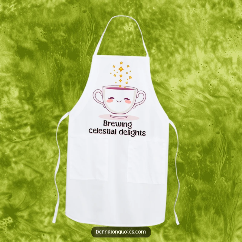 Funny apron featuring a smiling teacup pouring a stream of tiny, sparkling stars, ideal for magical cooking moments.