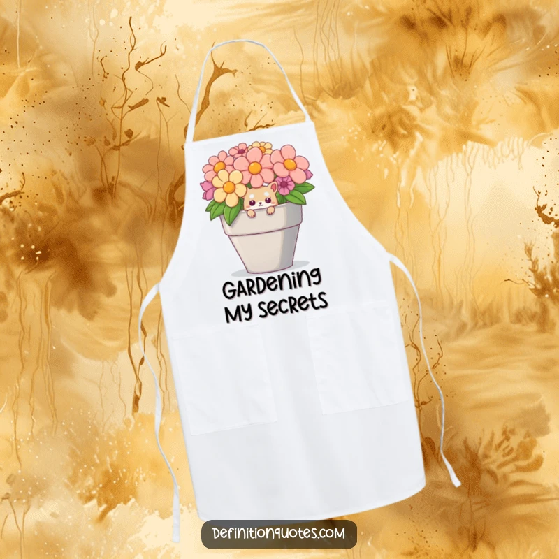 Funny apron depicting a small, inquisitive creature peeking out of a comically oversized flower pot, ready for kitchen fun.