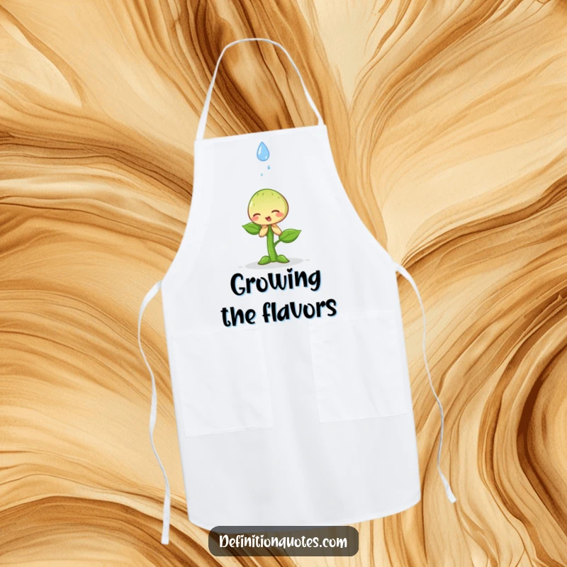 Funny happy little sprout dramatically bowing to a falling raindrop on a kitchen apron, adding humble charm to cooking.