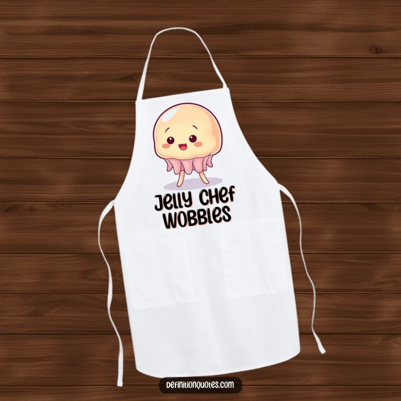 Funny kitchen apron showing a wobbly jelly character hilariously attempting to balance itself.