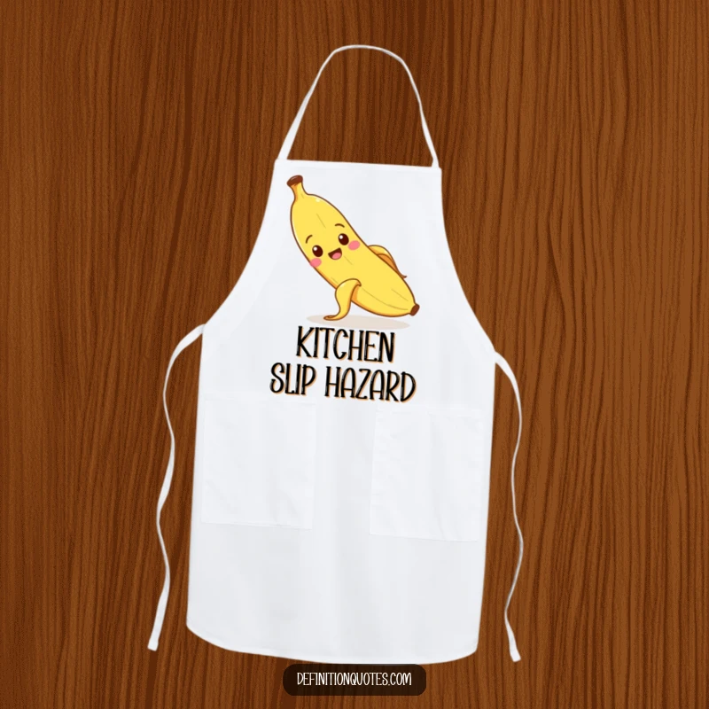 Funny banana character slipping on its peel while cooking, on an apron.