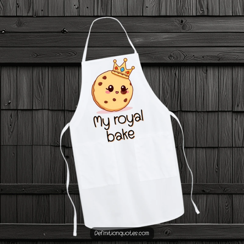 Funny cookie character wearing a crown, cooking, on a chef's apron.