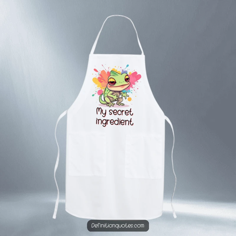 Funny apron depicting a sly chameleon trying to blend into a vibrant abstract paint splatter, a humorous accessory for artists.
