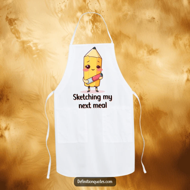 Funny apron featuring a blushing pencil with an eraser, hilariously trying to draw itself, perfect for kitchen creativity and humor.