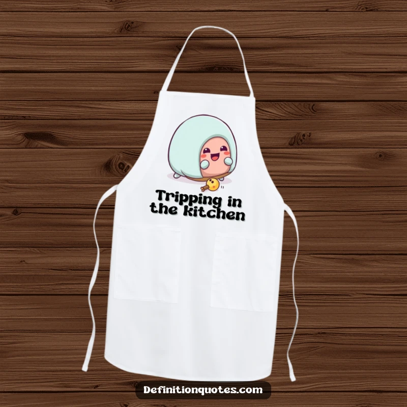 Funny Kawaii house slipper character hilariously tripping over its laces on a humorous cooking apron. A funny kitchen accessory.
