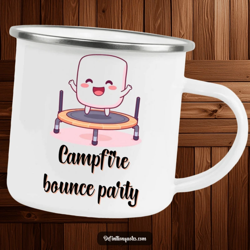 Funny camping mug featuring a cheerful marshmallow joyfully bouncing on a miniature trampoline, perfect for outdoor fun.