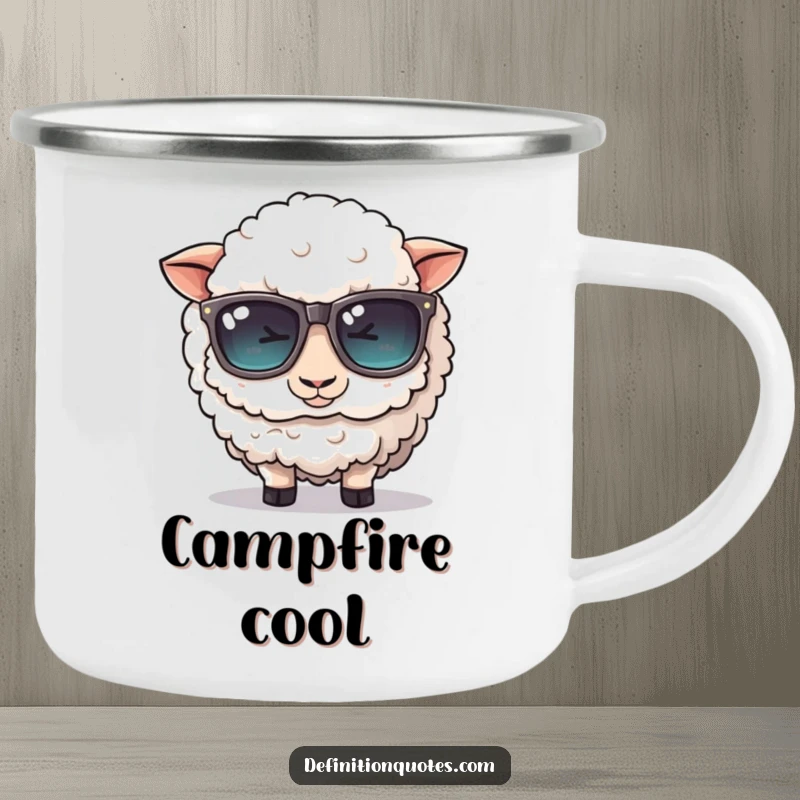 Funny camping mug: A cute, fluffy sheep character comically tries to wear oversized sunglasses, in an outdoor setting.