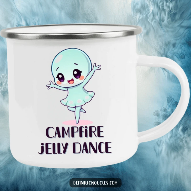 Funny wobbly jelly character performing a ballet pose on a camping mug, for enjoying drinks outdoors with flair.