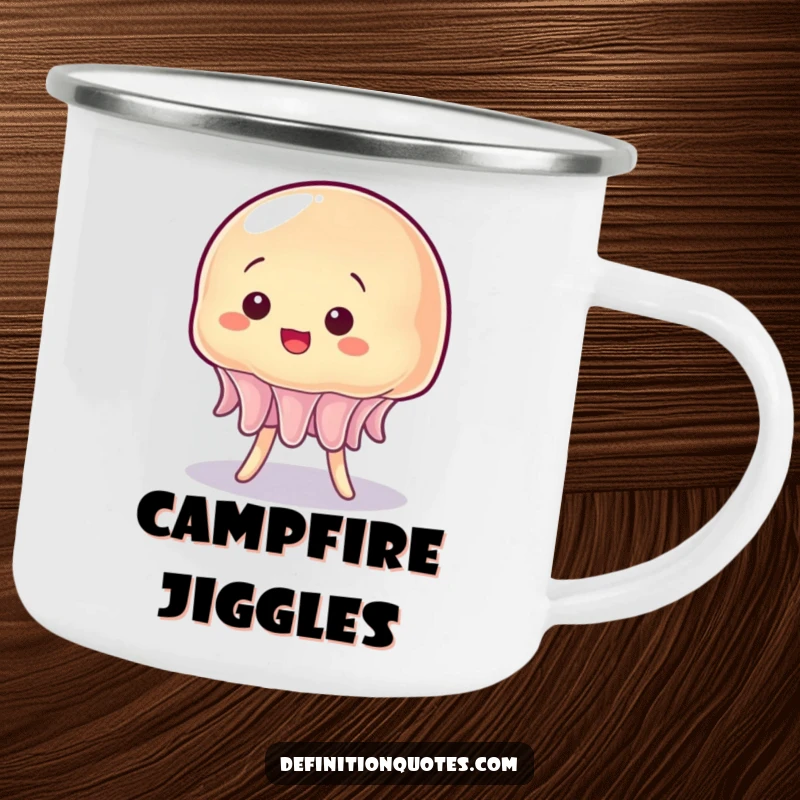 Funny enamel camping mug of a jiggly, wobbly jelly character comically trying to stand upright.