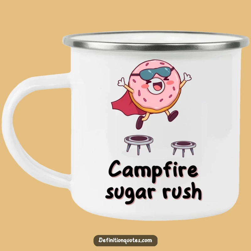 Funny Superhero Donut Camping Mug: Giggling Hero Leaping Outdoor Fun