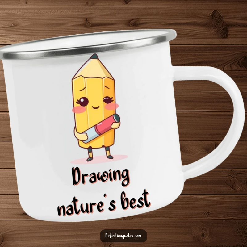 Funny camping mug featuring a blushing pencil character with an eraser, humorously attempting to draw itself, for your outdoor creative moments.
