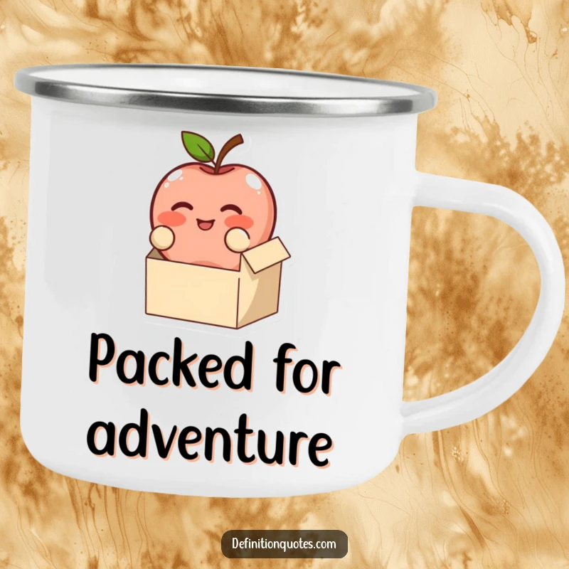 Funny, blushing apple character trying to fit in a box, on a sturdy camping mug, a funnier outdoor gift.