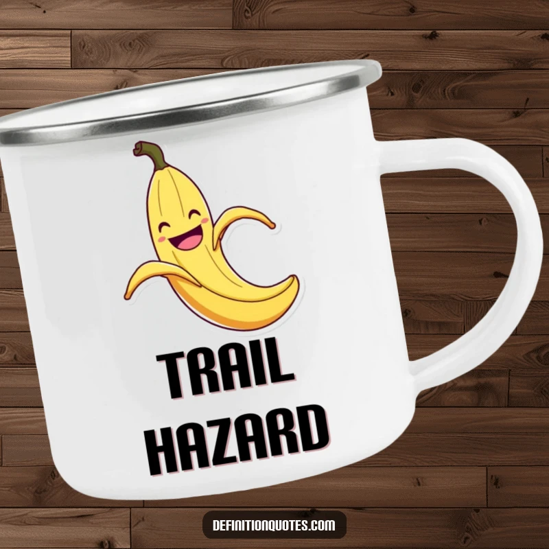 Funny Banana Peel Slip Camping Mug: Enamel mug with a grinning banana peel in a comical slip with exaggerated flair, a funny outdoor companion.