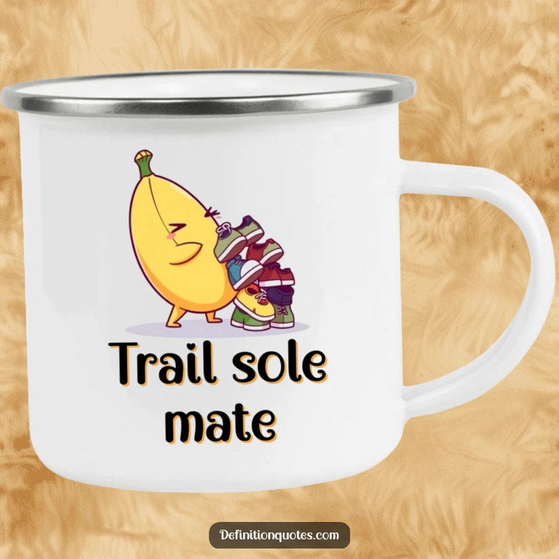 Funny camping mug featuring a winking banana character balancing a pile of tiny shoes, durable and amusing for outdoors.