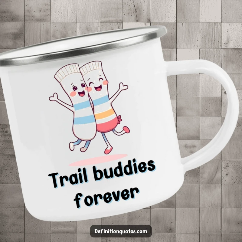 Funny enamel camping mug of a happy sock gleefully dancing with its odd, mismatched sock.