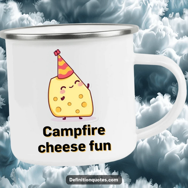 Funny Camping Mug: Jolly cheese wedge attempting to balance a tiny party hat, perfect for outdoor celebrations.
