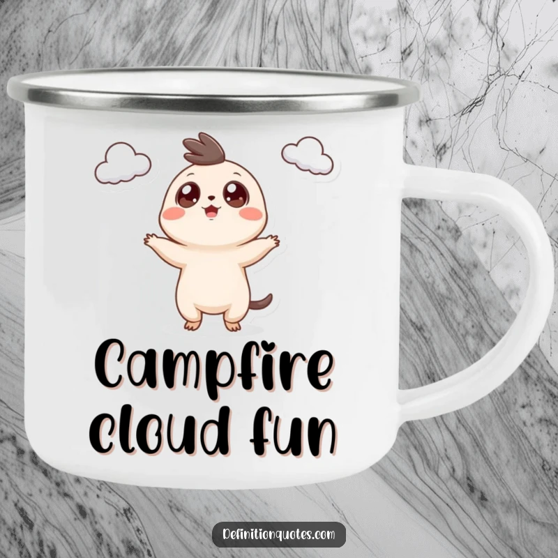 Funny Camping Mug: A small, googly-eyed creature joyfully juggling three small clouds, perfect for outdoor enjoyment.