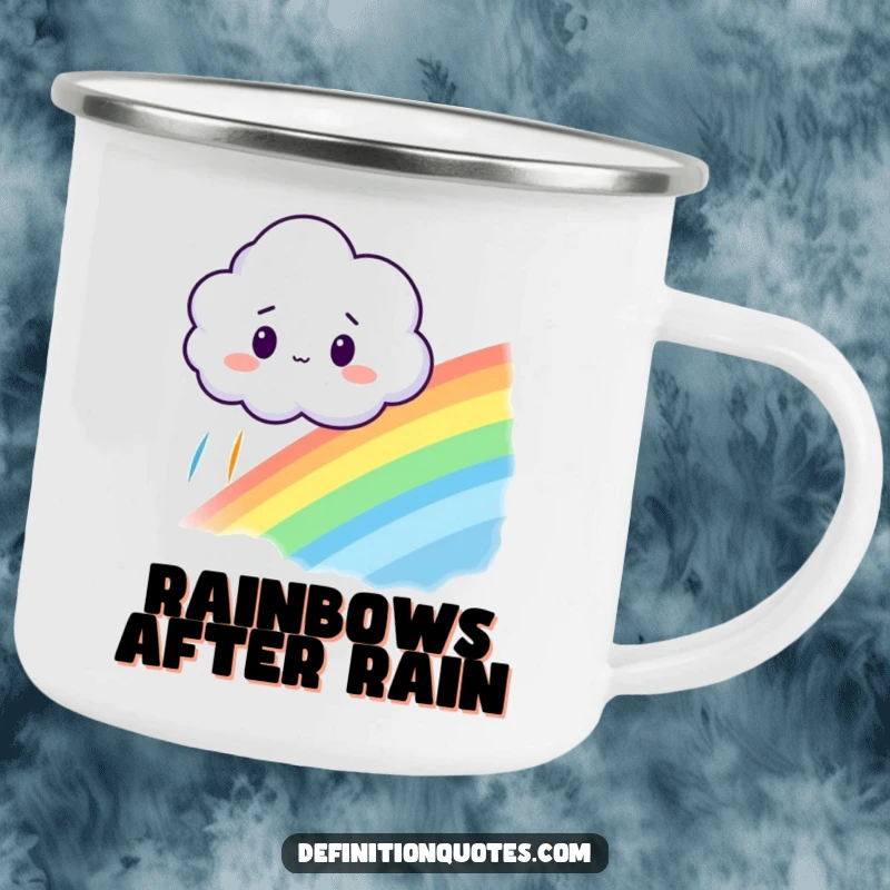 Funny camping mug featuring a surprised cloud looking at an accidentally created rainbow, perfect for magical outdoor sips.