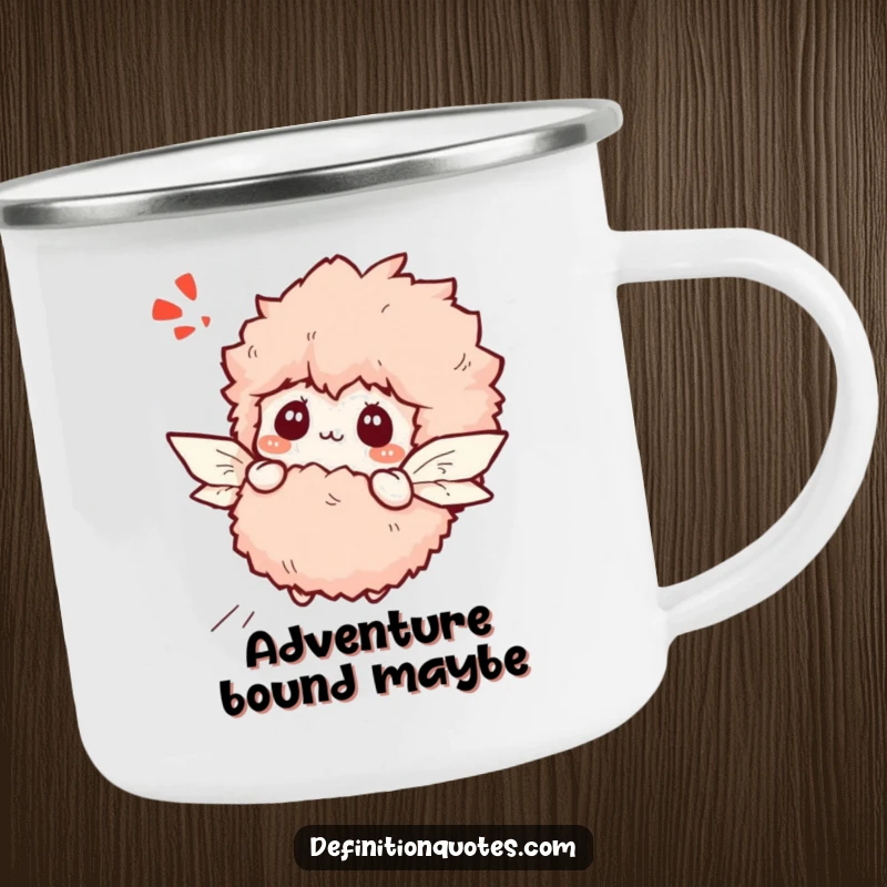 Funny bewildered slipper character with paper wings attempting flight, on a sturdy camping mug.