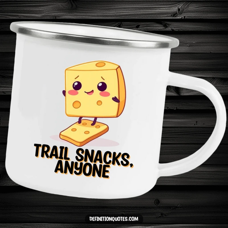 Funny enamel camping mug featuring a giggling cheese wedge balancing precariously on a single cracker, perfect for outdoor humor.