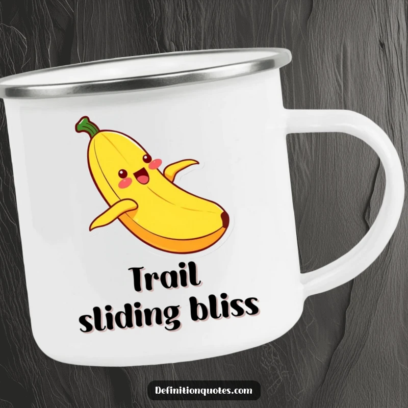 Funny Kawaii banana character joyfully sliding down its peel, a durable and humorous enamel mug for outdoor enthusiasts.